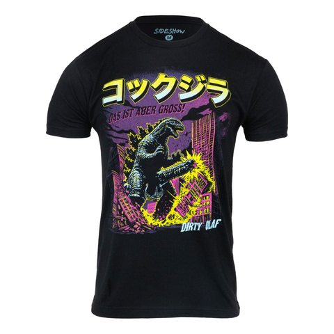 Black tee with graphic of Cockzilla Destroying building with phallus with text "コックジラ DAS IST ABER GROSS! DIRTY OLAF"